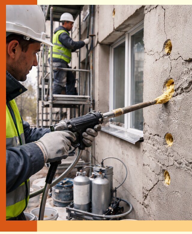 Заполнение пустот в фасаде и утепление стен в Выксе